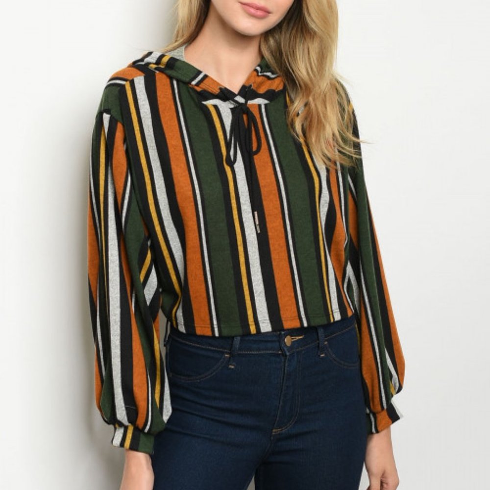 OLIVE MUSTARD STRIPES HOODIE TOP